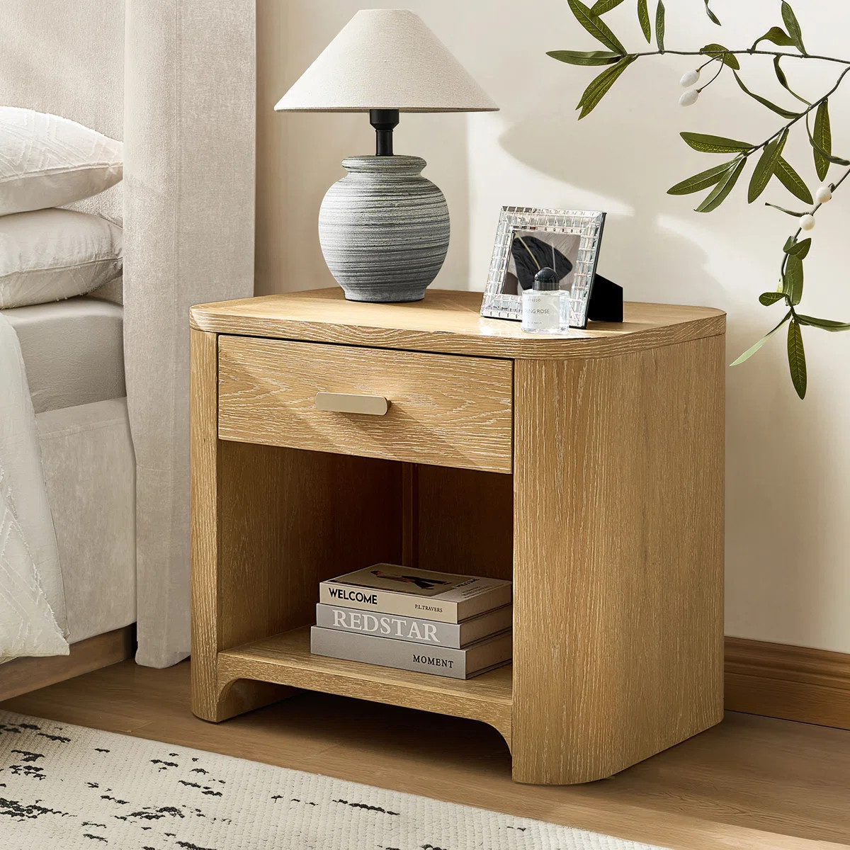 Waynesville Modern 28"W 1 Drawer Fully Assembled Oak Wood Nightstand with Built-In Powerstation a... | Wayfair North America