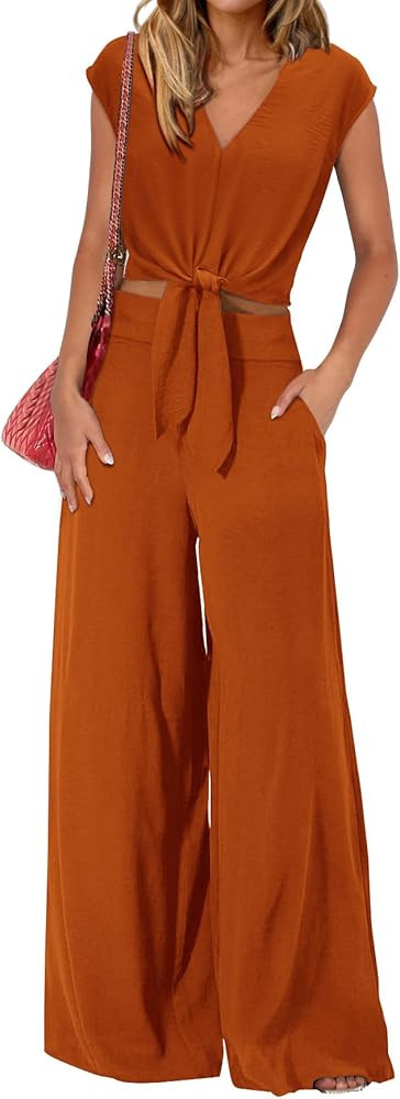 PRETTYGARDEN Women's Summer 2 Piece Outfits 2026 Cap Sleeve V Neck Belted Crop Tops Wide Leg Pant... | Amazon (US)