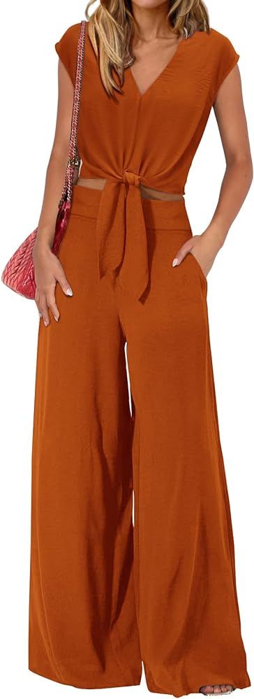 PRETTYGARDEN Women's Summer 2 Piece Outfits 2024 Cap Sleeve V Neck Belted Crop Tops Wide Leg Pant... | Amazon (US)