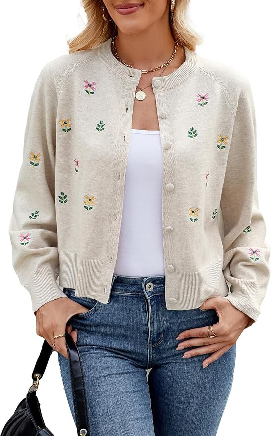 Women's Floral Cardigan Sweaters Button Down Long Sleeve Crew Neck Drop Shoulder Knit Sweater Top... | Amazon (US)
