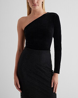 Body Contour Velvet One Shoulder Long Sleeve Bodysuit | Express