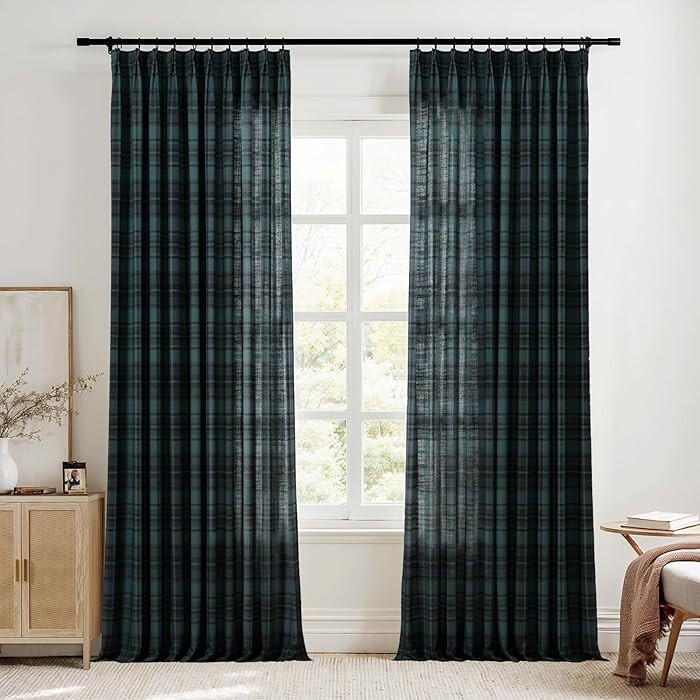 TWOPAGES Pinch Pleat Plaid Curtain 90 Inch Long Light Filtering Privacy Drape Linen Textured Tart... | Amazon (US)