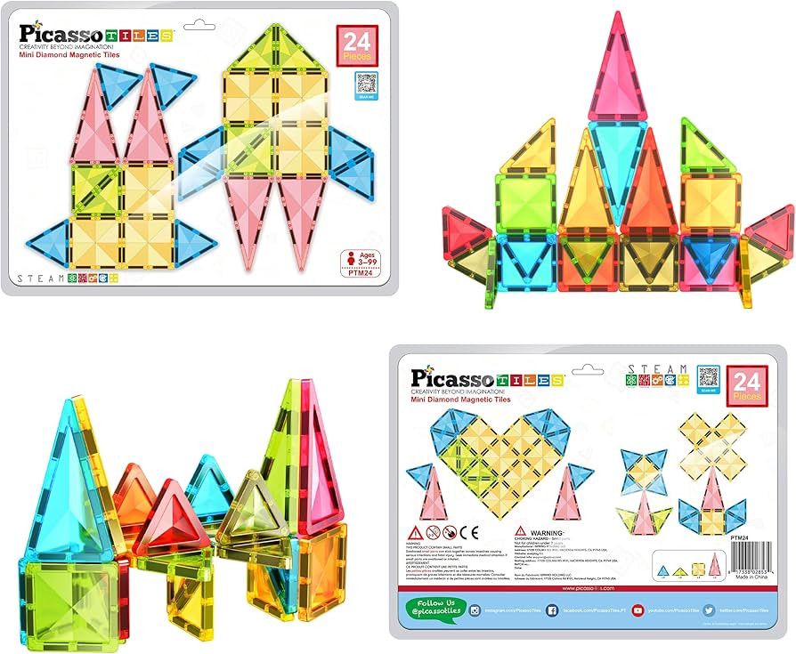PicassoTiles 24pc Magnet Tile Building Blocks Mini Diamond Series Magnetized Toy Travel Size Comp... | Amazon (US)