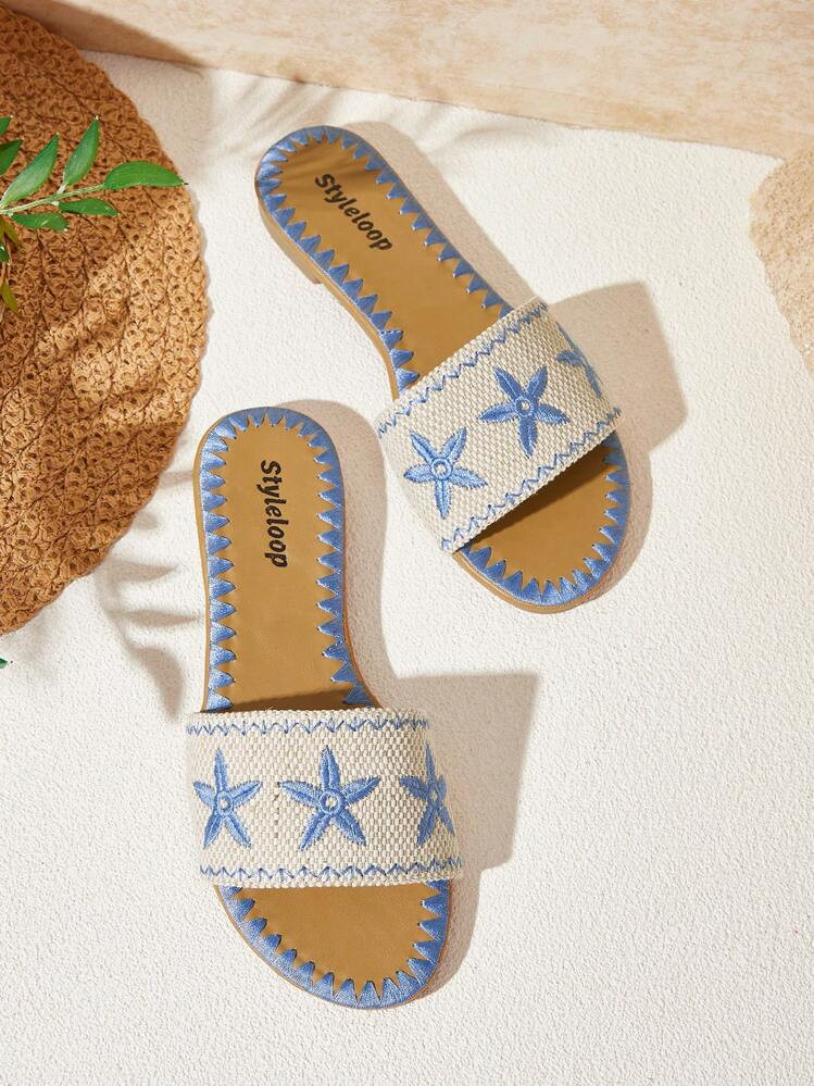 Styleloop Women's Flat Slippers With Pentagram Embroidery Decoration Boho Feels Vintage Frenchy Shoes Spring Shoes Spring Break Easter | SHEIN