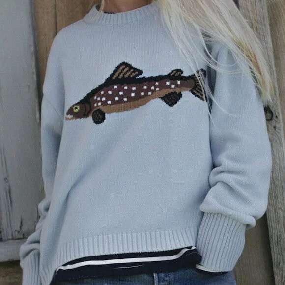 Blue Casual Women's Fish Graphic Long Sleeve Crew Neck Loose Knit  Sweater | Poshmark