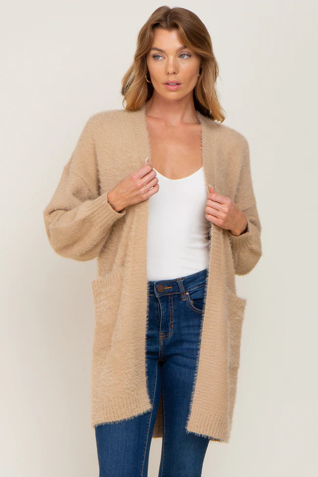 Beige Fuzzy Long Cardigan | PinkBlush Maternity