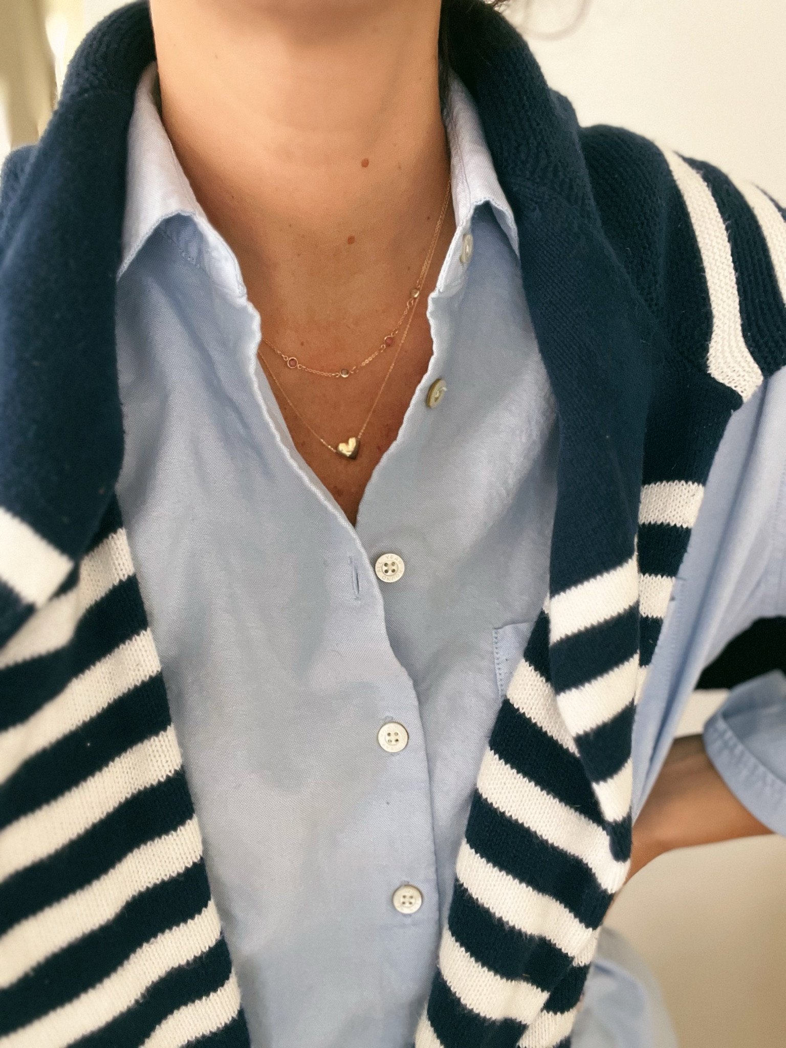 Alice walk navy stripe sweater, Ayr button up and a stack of dainty necklaces! 