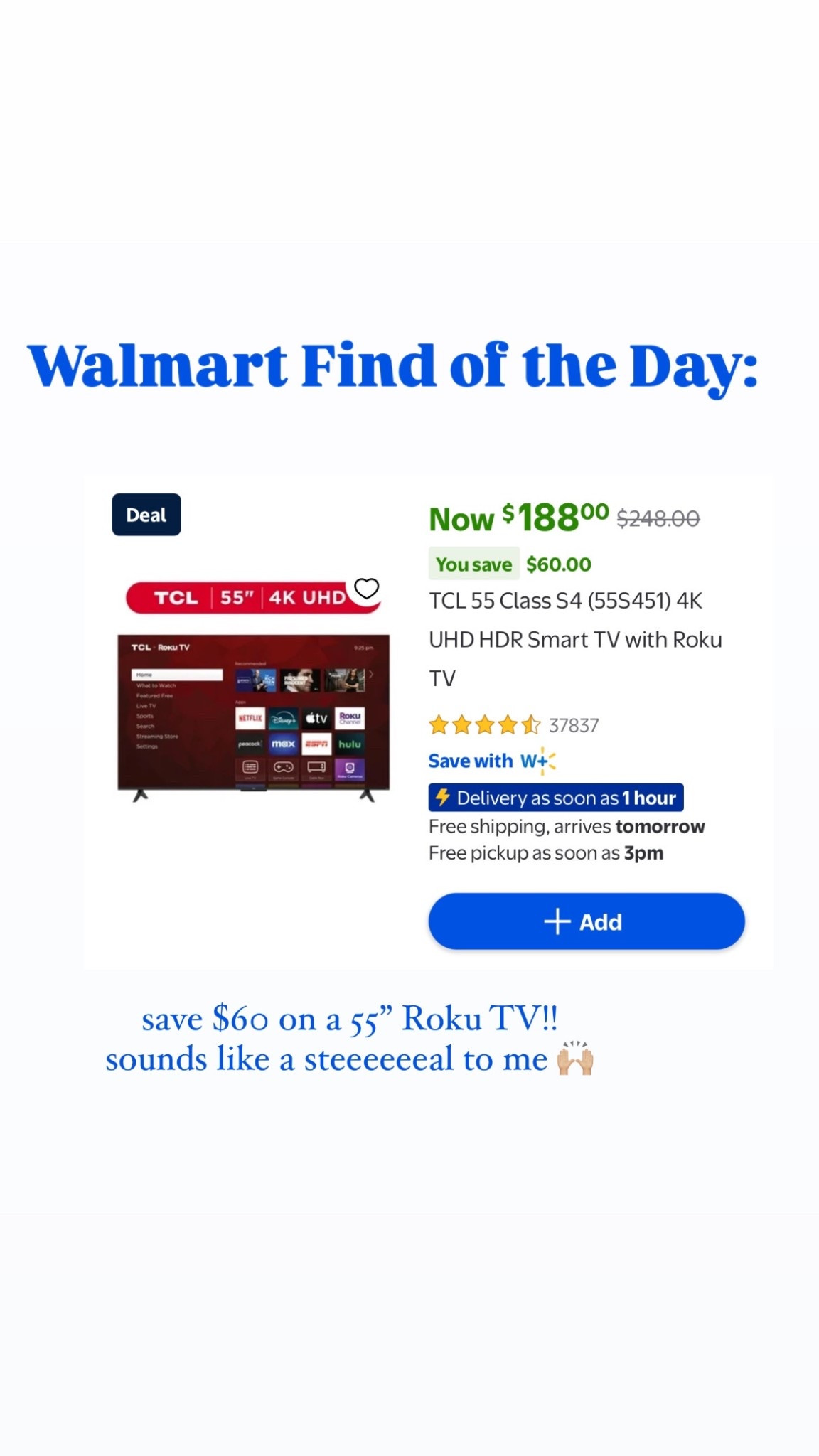 🔥 Walmart Deal of the Day: TCL 55” Class S4 (55S451) 4K UHD HDR Smart TV with Roku TV!!! 🔥

ORG: $248.00
NOW: $188.00

This is a steeeeeal y’all!! Under $200 for a TV is unheard of 😲🤑

Walmart finds, Walmart deals, electronics deals, Walmart sale, hot deals, tv’s on sale, Roku tv’s on sale, find of the day, trending deals, home goods, home electronics, home appliances

#LTKOver40 #LTKSaleAlert #LTKHome