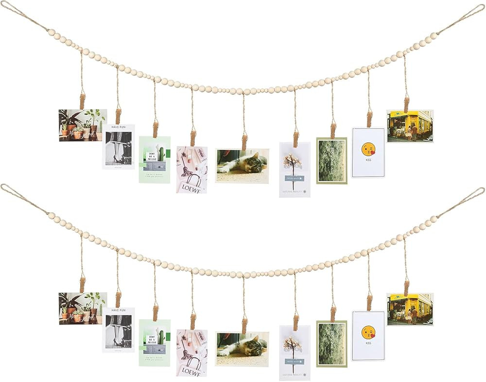 Wall Hanging Photo Display with Wooden Beads Garland 4 Feet Boho Collage Picture Frame DIY Pictur... | Amazon (US)