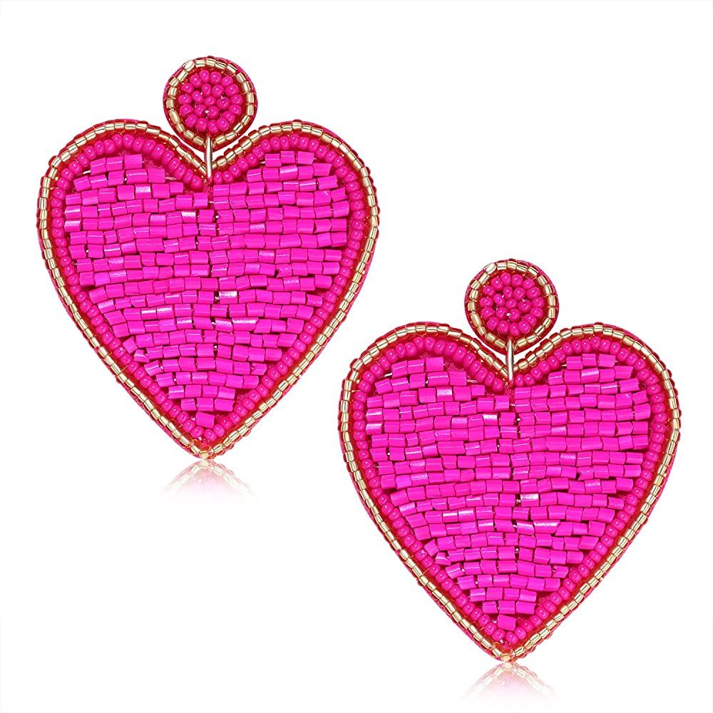 Valentine’s Day Earrings Beaded Heart Drop Earrings Edged in gold beading Fashion Trendy Big Love Da | Amazon (US)