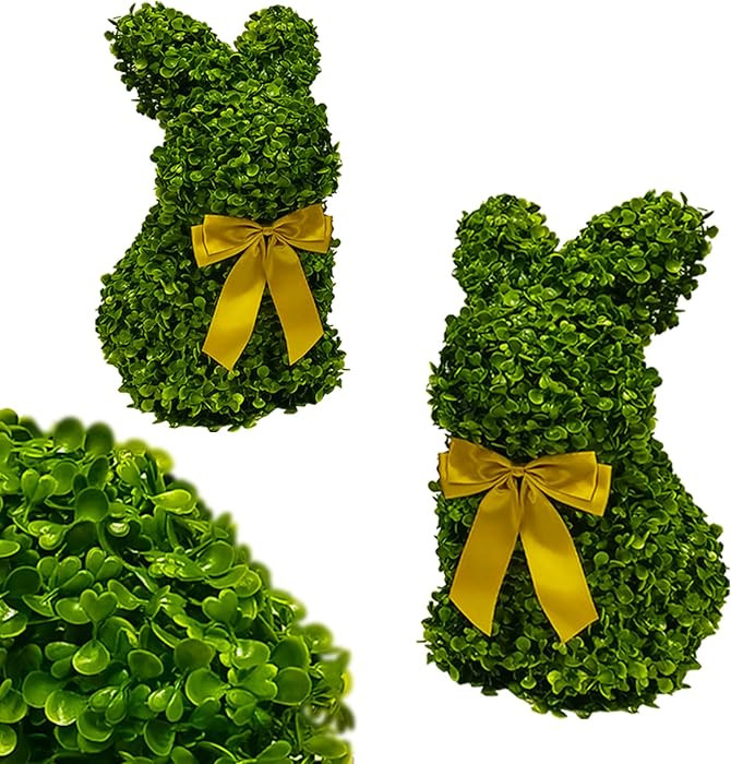 2 Pcs Artificial Bunny Shaped Topiary Trees, Artificial Green Boxwood Bunny Decorations with Gold... | Amazon (US)