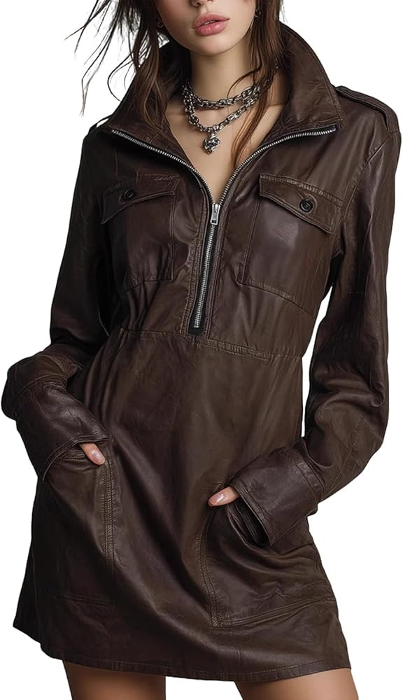 chouyatou Women Long Sleeve Faux Leather Dress Casual Polo Collared Party Night Out Tunic Winter ... | Amazon (US)