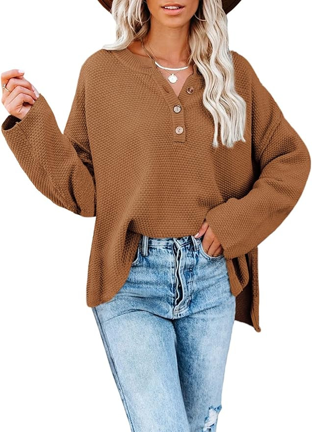 Dokotoo Womens Button V Neck Sweaters Long Sleeve Cable Knit Pullover Sweater Tops | Amazon (US)