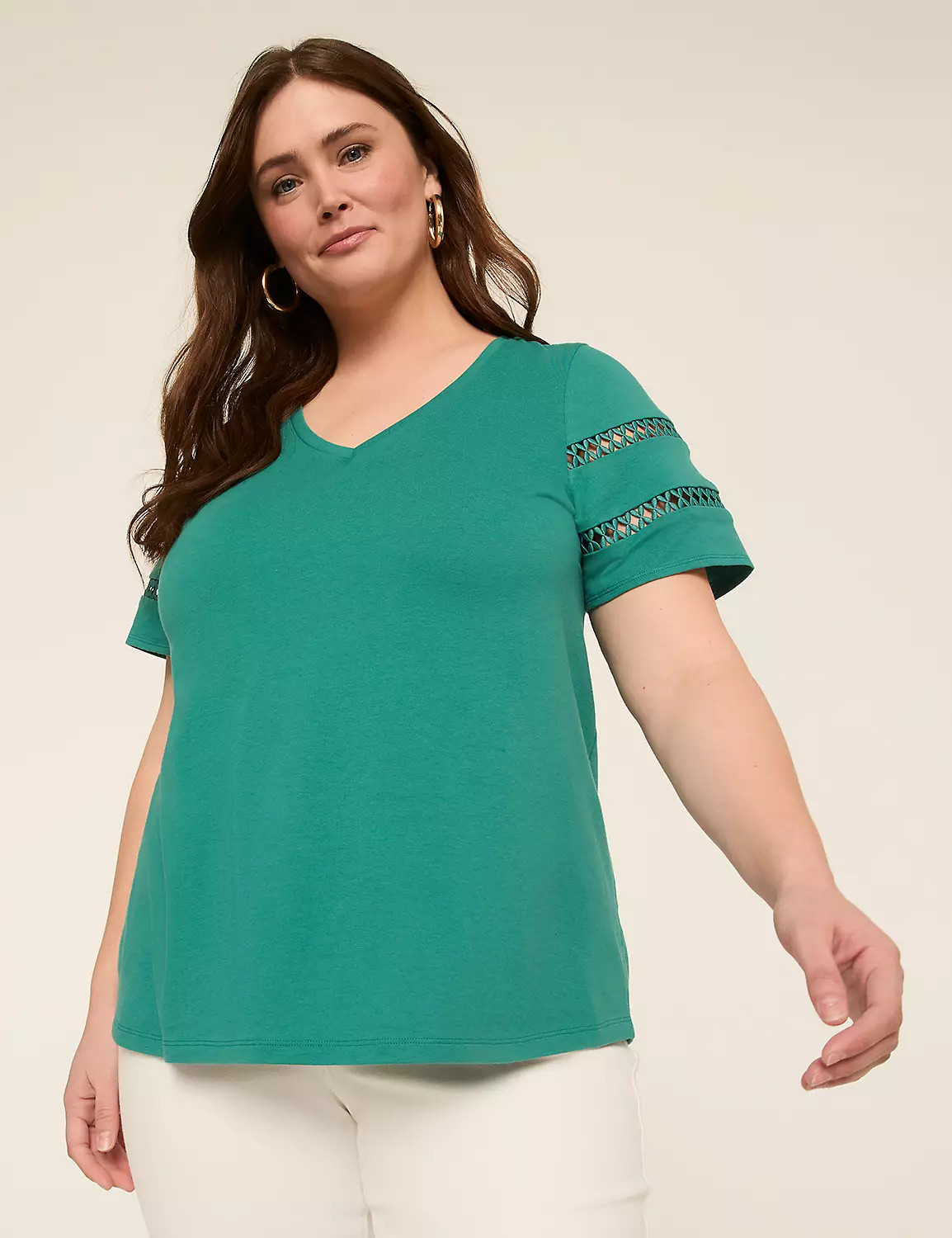 Short-Sleeve V-Neck Crochet Tee | Lane Bryant (US)