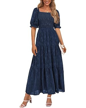 PRETTYGARDEN Women's 2025 Summer Casual Midi Dresses Square Neck Short Sleeve Smocked A Line Flor... | Amazon (US)