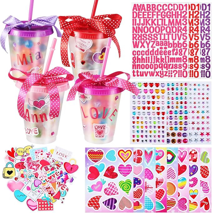 Domensi 24 Pcs Valentine's Day Gifts for Kids Includes 16oz Plastic Valentines Cups with Straw an... | Amazon (US)