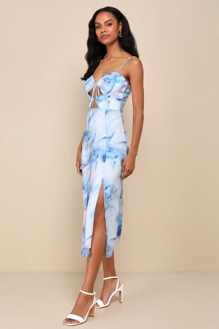 Chicly Femme Light Blue Abstract Tie-Front Sleeveless Midi Dress | Lulus