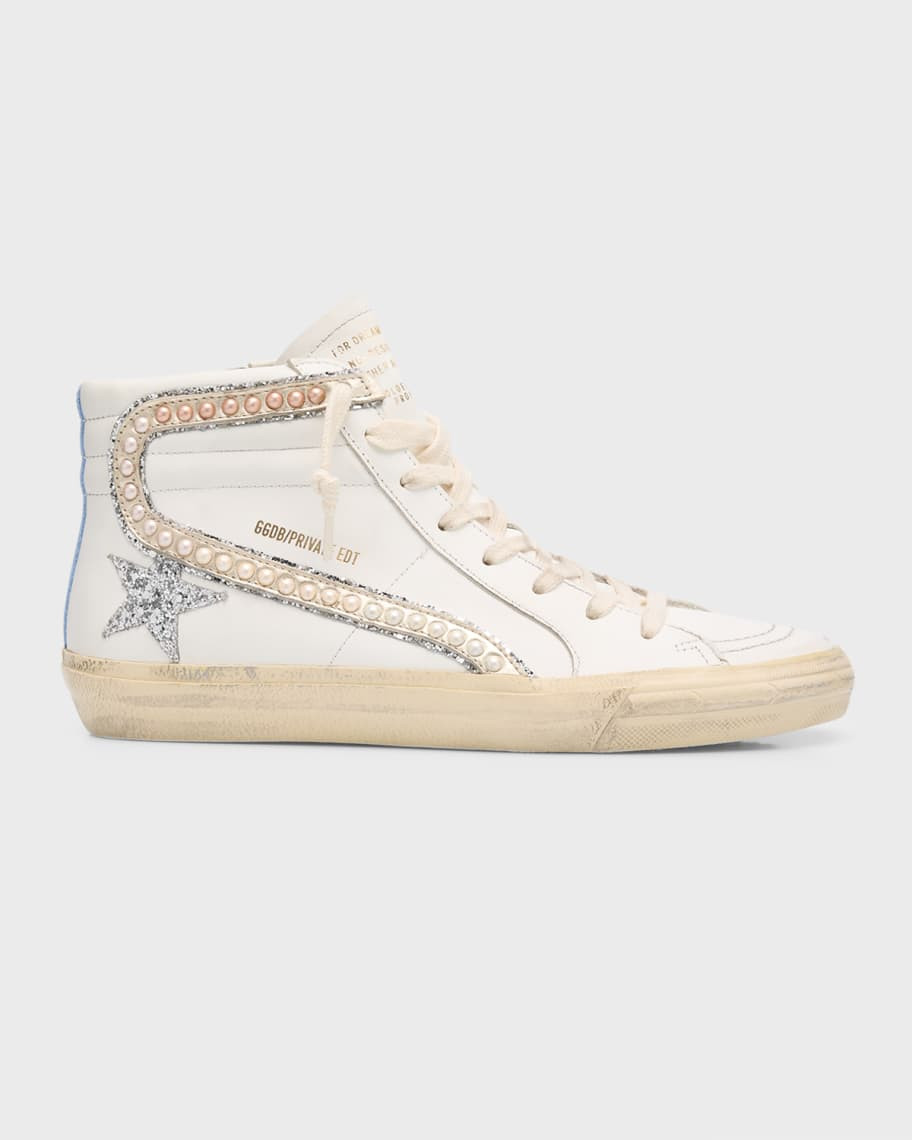 Golden Goose Slide Mid-Top Glitter Leather Sneakers | Neiman Marcus