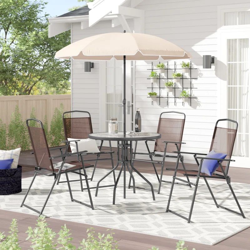 Amlie Nantucket 6 Piece Patio Garden Set with Table, Umbrella and 4 Folding Chairs | Wayfair North America