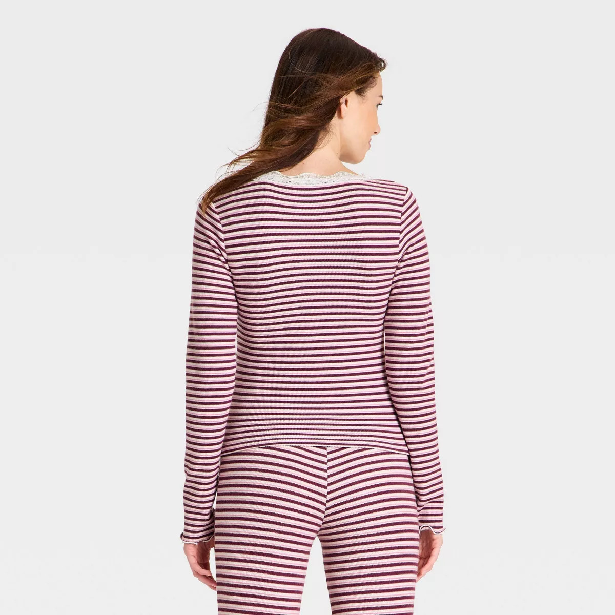 Women's Long Sleeve Waffle Knit Pajama Top - Wild Fable\u2122 Purple/Cream Striped M | Target