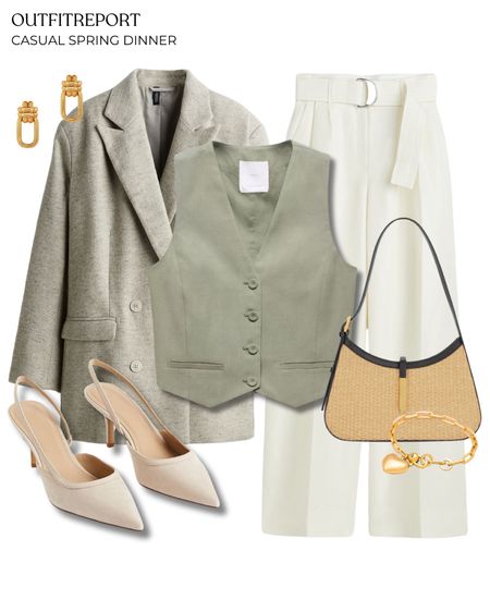 Casual dinner spring summer outfit white trousers nude neutral sling backs green khaki vest top and blazer 

#LTKitbag #LTKstyletip #LTKshoecrush