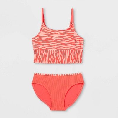 Girls' Pastel Zebra Print Ribbed Midkini Set - art class™ Coral | Target