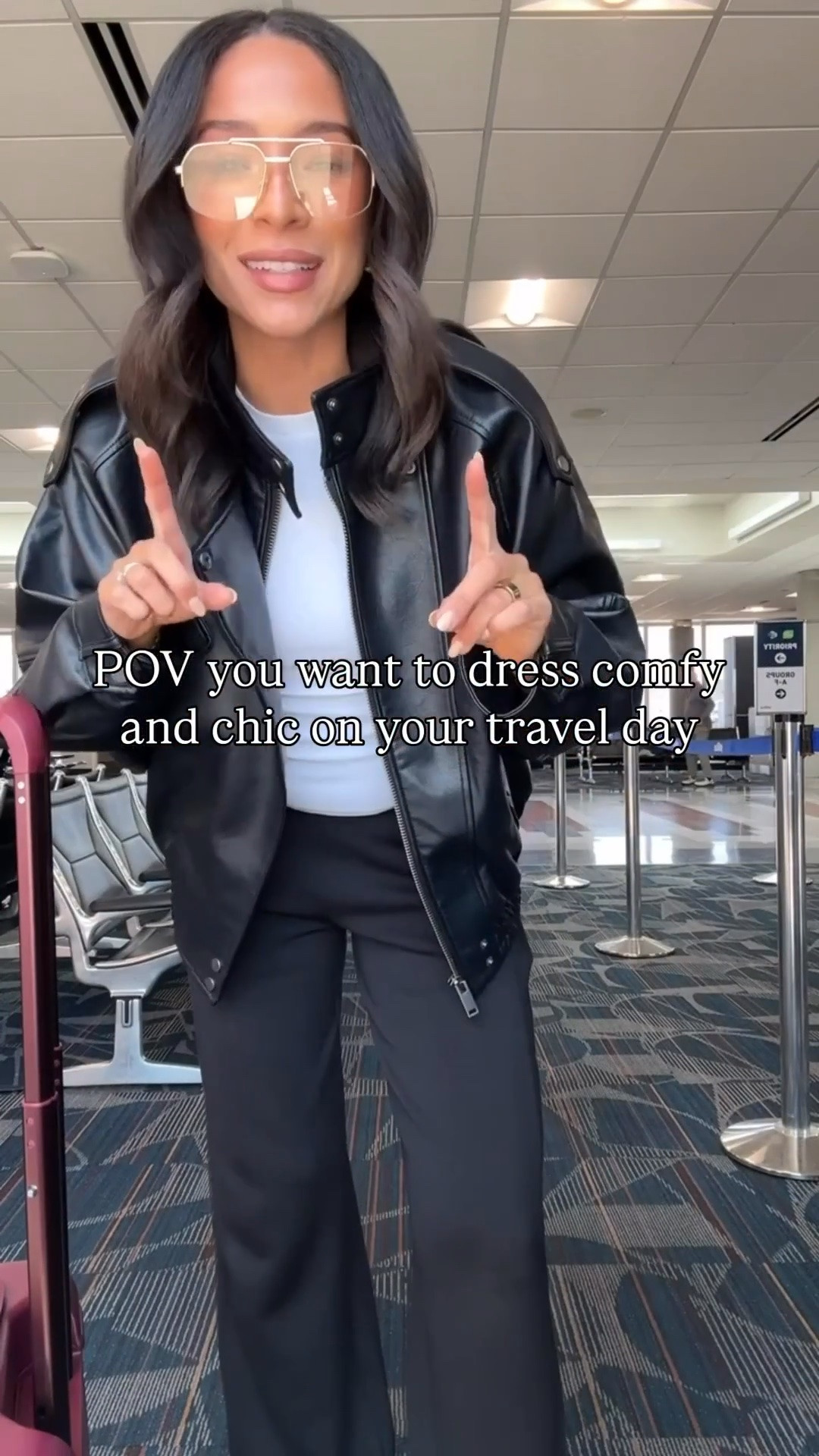 Airport outfit! This faux leather jacket looks $$$ but it’s under $200 👏🏽 tons of compliments on this! Paired it with my favorite fitted tee and my go-to travel pants for a comfy chic travel outfit. Wearing a Small in jacket, small in t-shirt, and small reg length in pants. (Exact carry on is OOS in maroon but I’ve linked the exact version in beige)

#LTKTravel #LTKSeasonal #LTKootd