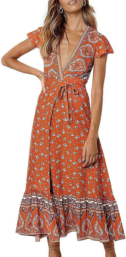 ZESICA Women's Bohemian Floral Printed Wrap V Neck Short Sleeve Split Beach Party Maxi Dress | Amazon (US)