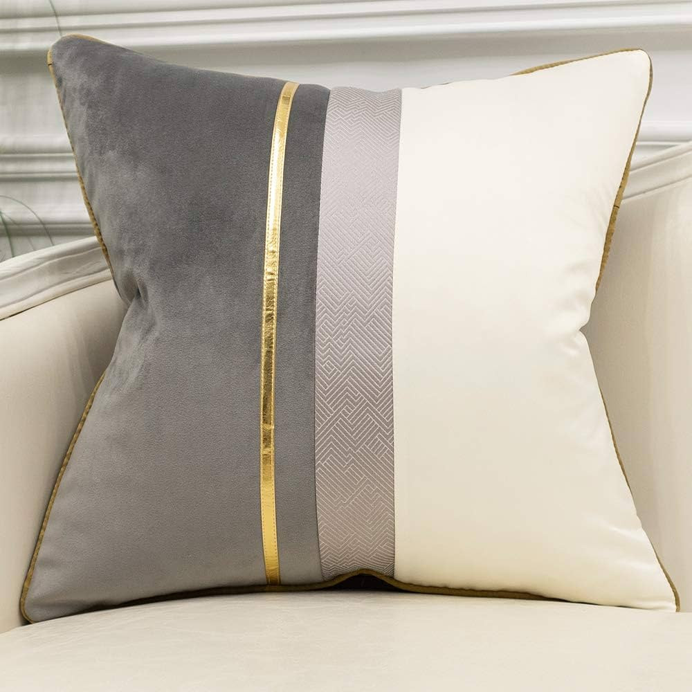 Avigers 20 x 20 Inches Gray White Gold Leather Striped Patchwork Velvet Cushion Case Luxury Moder... | Amazon (US)