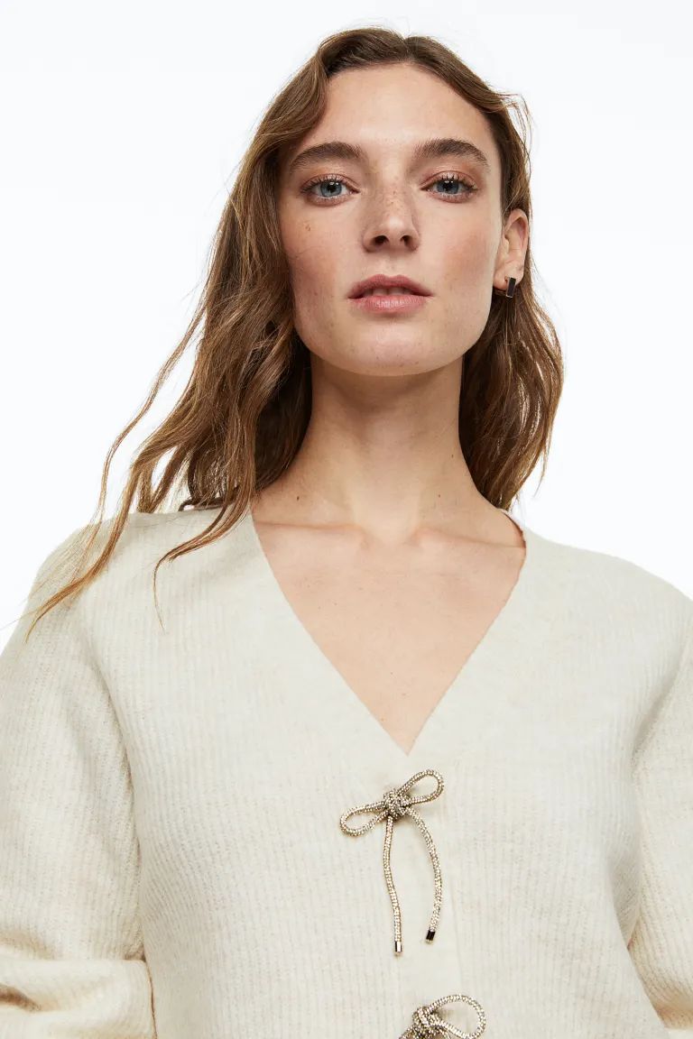 Rhinestone-bow Rib-knit Cardigan | H&M (US + CA)