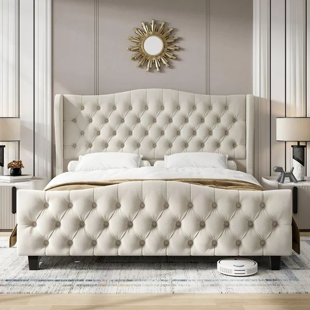 Homfa King Size Bed Frame, 54.3” Tall Platform Bed Modern Velvet Tufted Upholstered with Deep B... | Walmart (US)