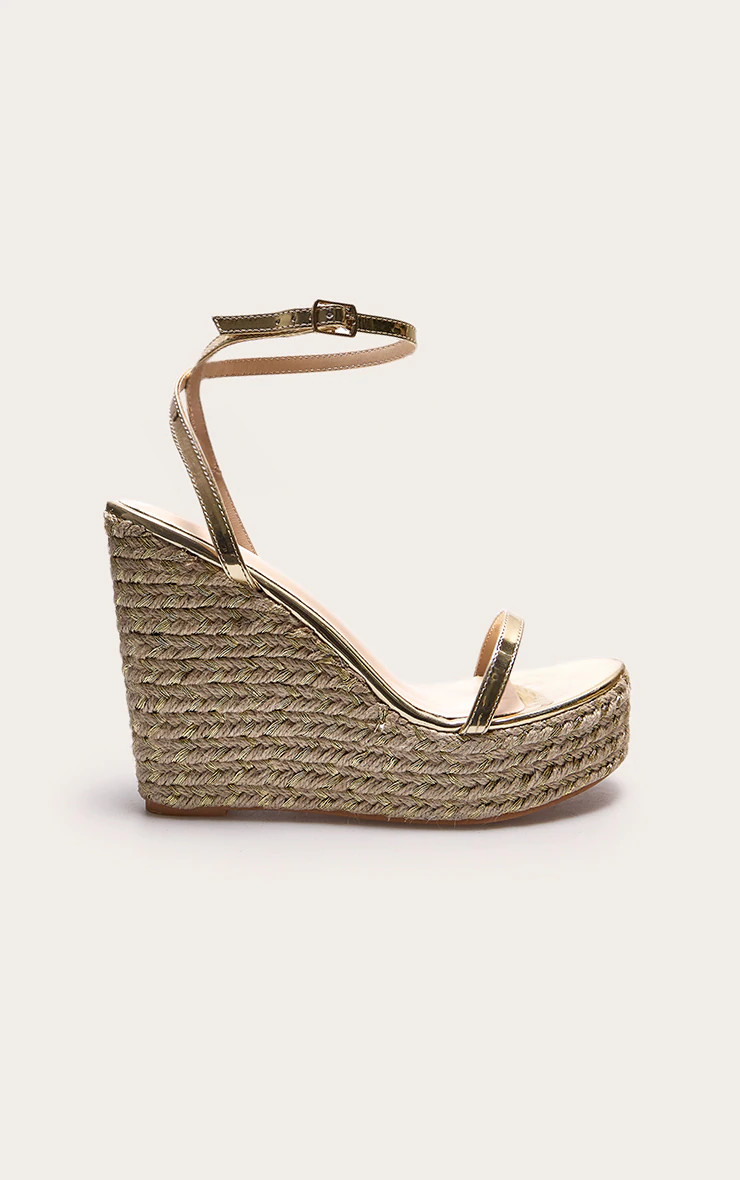 Gold PU Metallic Strap Espadrille High Heeled Wedges | PrettyLittleThing US