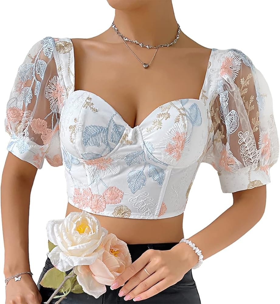 Women's Floral Embroidered Puff Sleeve Tops Slim Fit Corset Crop Top Sexy Bustier Tank Top T-Shir... | Amazon (US)