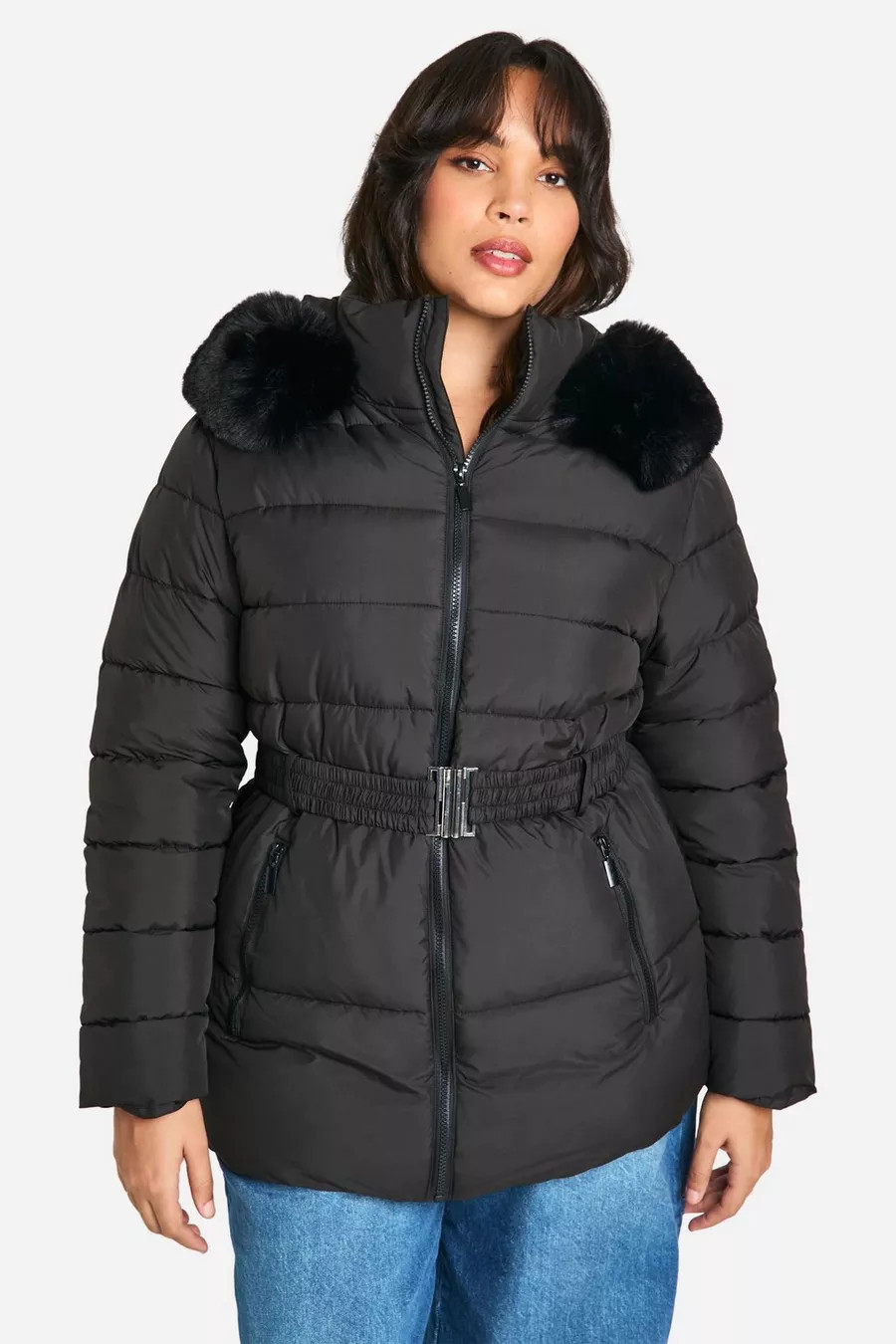Plus Faux Fur Trim Belted Puffer Jacket | boohoo (US & Canada)