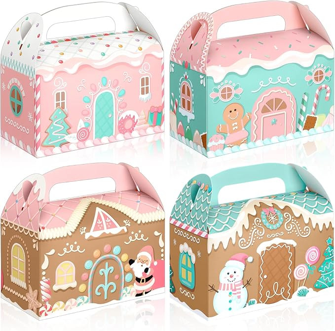 20 Pcs Pink Christmas Treat Boxes 3D Gingerbread House Cookie Boxes Cute Xmas Cardboard Gable Goo... | Amazon (US)