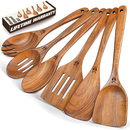 Wooden Spoons for Cooking, 6 Pcs Natural Teak Wooden Kitchen Utensils Set, Cooking Utensils Set with Long & Comfort Grip, Wooden Spoons Spatula Set Perfect for Non-Stick Cookware | Amazon (US)