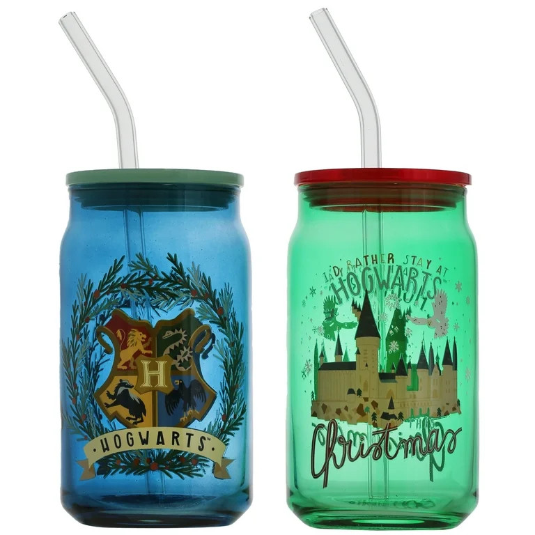 Harry Potter Holiday Tumbler Set With Lid and Straw, 16 oz, 2 Glass Tumblers | Walmart (US)