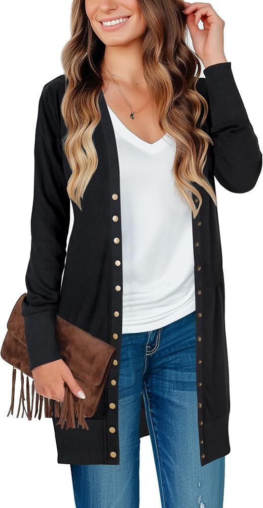 KAY SINN Long Cardigan Sweaters for Women Open Front Snap Button Knit Ribbed Cardigans Outfits | Amazon (US)