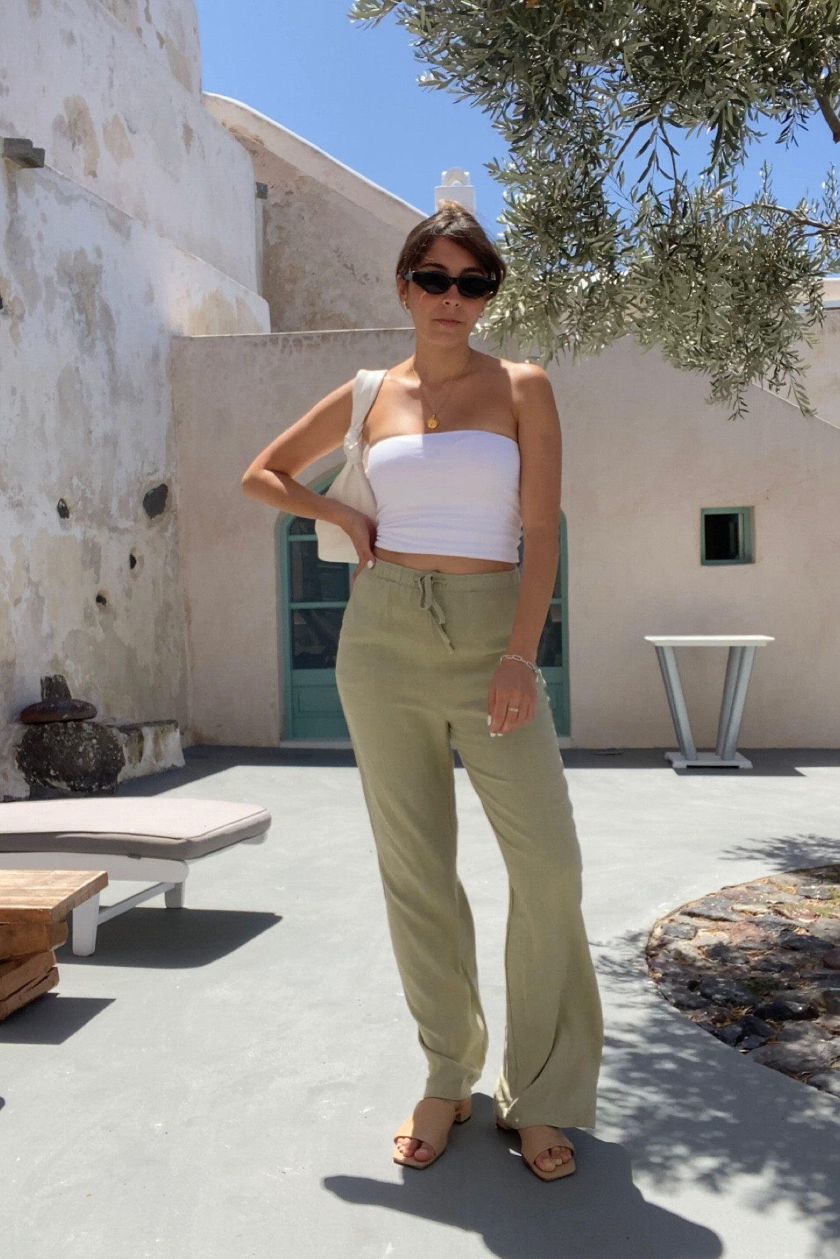 Green linen look trousers, white bandeau top, sage green trousers, casual summer look, vacation outfit, holiday outfit, summer staples, summer trousers, sleeveless top, Greek holiday outfit, summer basic 

#LTKtravel #LTKSeasonal #LTKstyletip