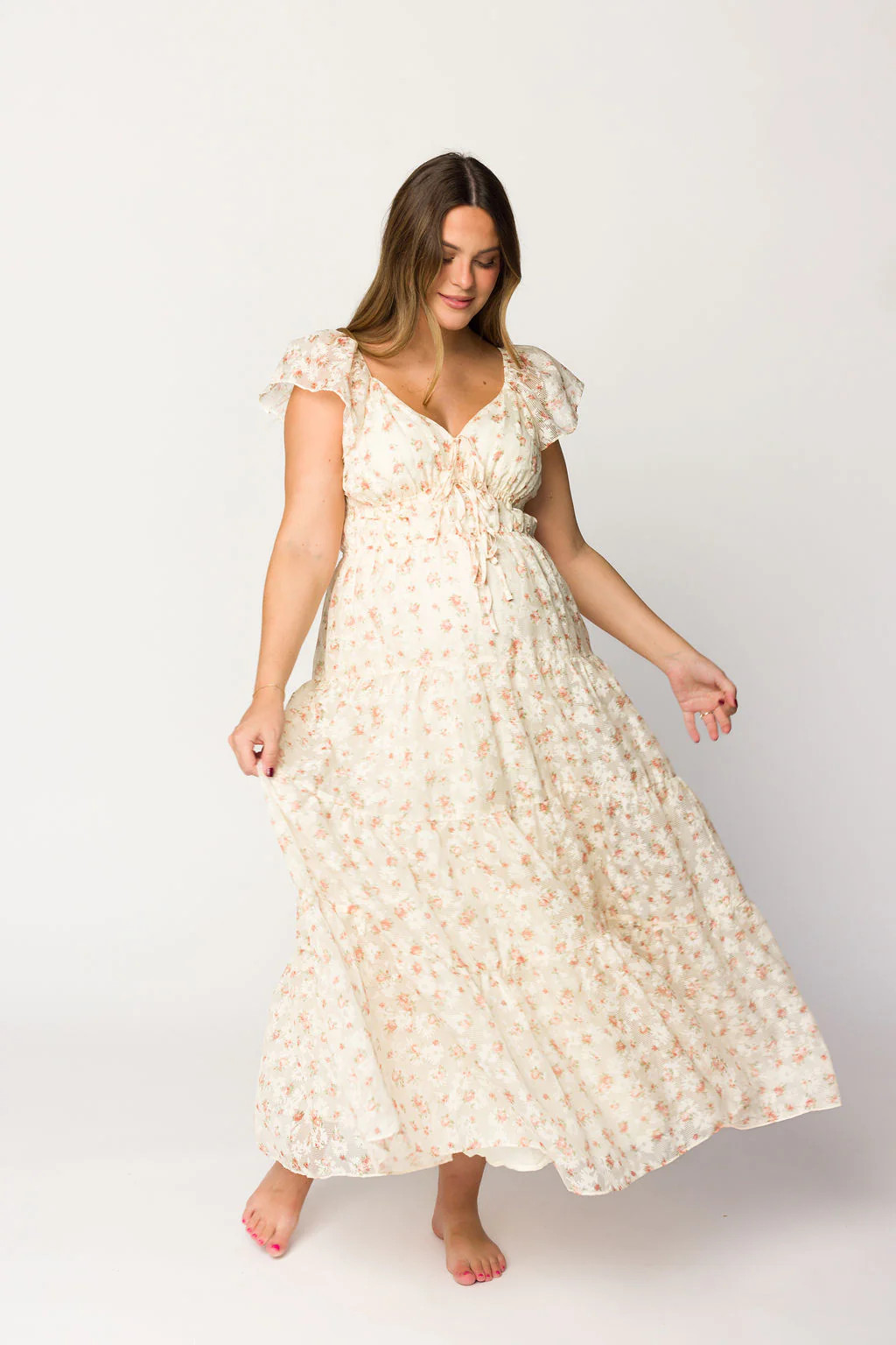 Charming Floral & Gingham Ruffled Maxi Dress in Cream/Peach Floral | Worth Collective