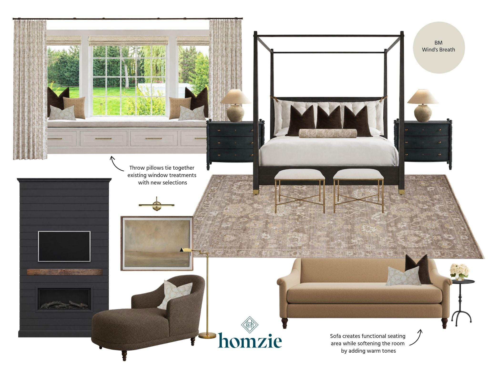 A primary bedroom designed for slowing down and unwinding. 🤍✨

This timeless retreat layers soft creams with black accents, and warm brass details for a look that's both elegant and inviting. A canopy bed creates a striking focal point, while coordinating nightstands add balance and depth. A cozy sofa and chaise lounge transform the bedroom into a true retreat, creating the perfect spot to read or relax. Thoughtfully selected artwork ties the palette together, and a large area rug anchors the space with warmth and texture.

A bedroom that's equal parts beautiful, functional, and made for everyday comfort.

#LTKHome #PrimaryBedroom #BedroomDesign #NeutralHome #TimelessInteriors #InteriorDesign #HomeDecor #BedroomInspo #LTKCreator 

 