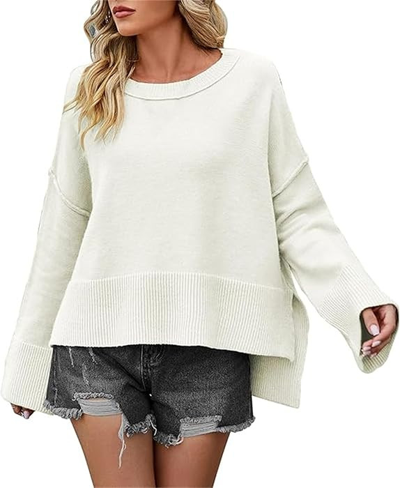 Asymmetric Loose Casual Knit Tops Women Crewneck Batwing Long Sleeve Sweaters Fall Side Slit Ribb... | Amazon (US)