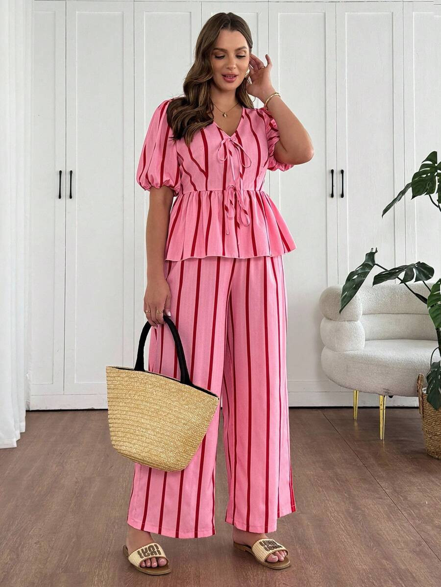 Plus Size Pink Striped Bowknot Short Sleeve 2 Pieces Set | SHEIN