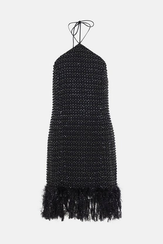 Hand Beaded Feather Trim Halter Mini Dress | Warehouse UK & IE