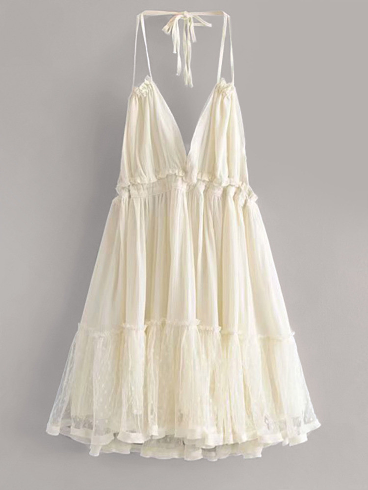 SHEIN VCAY Dobby Mesh Self-Tie Ruffled Halter Dress | SHEIN