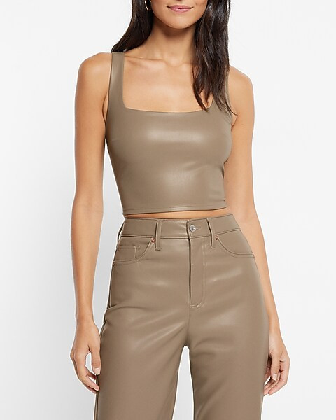 Body Contour Faux Leather Square Neck Cropped Tank | Express