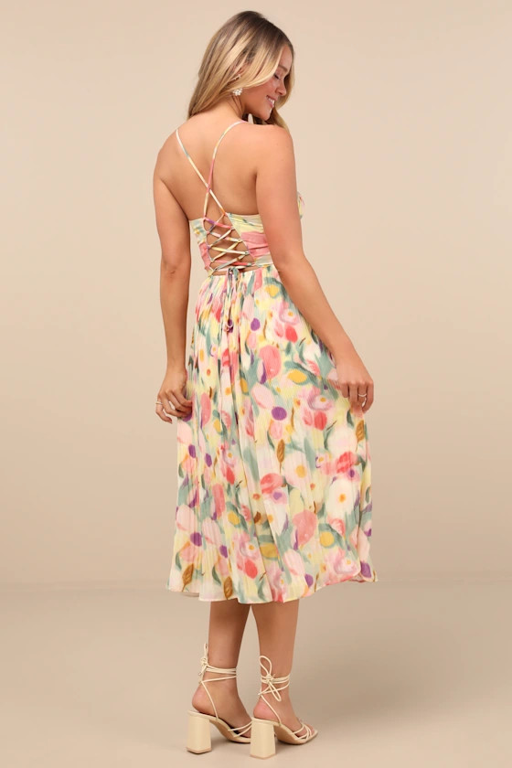 Aleyna Yellow Abstract Pleated Lace-Up Bustier Midi Dress | Lulus