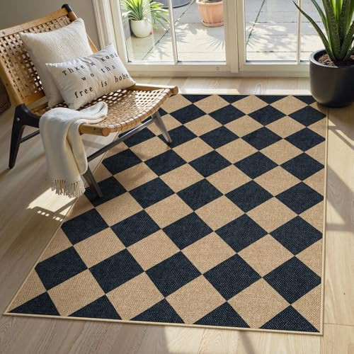 Lahome Colette Checkered Easy Jute 3x5 Outdoor Patio Rug, Washable Rugs for Entryway Diamond Indoor Outdoor Living Room Carpet, Farmhouse Neutral Non Slip Black Door Carpet for Backyard Bedroom | Amazon (US)