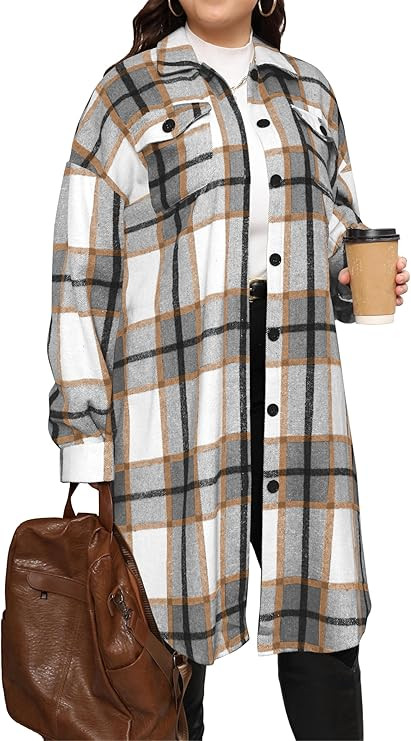 Women's Plus Size Plaid Flannel Shacket Long Shirts Jacket Tartan Boyfriend Oversized Coat Fall C... | Amazon (US)