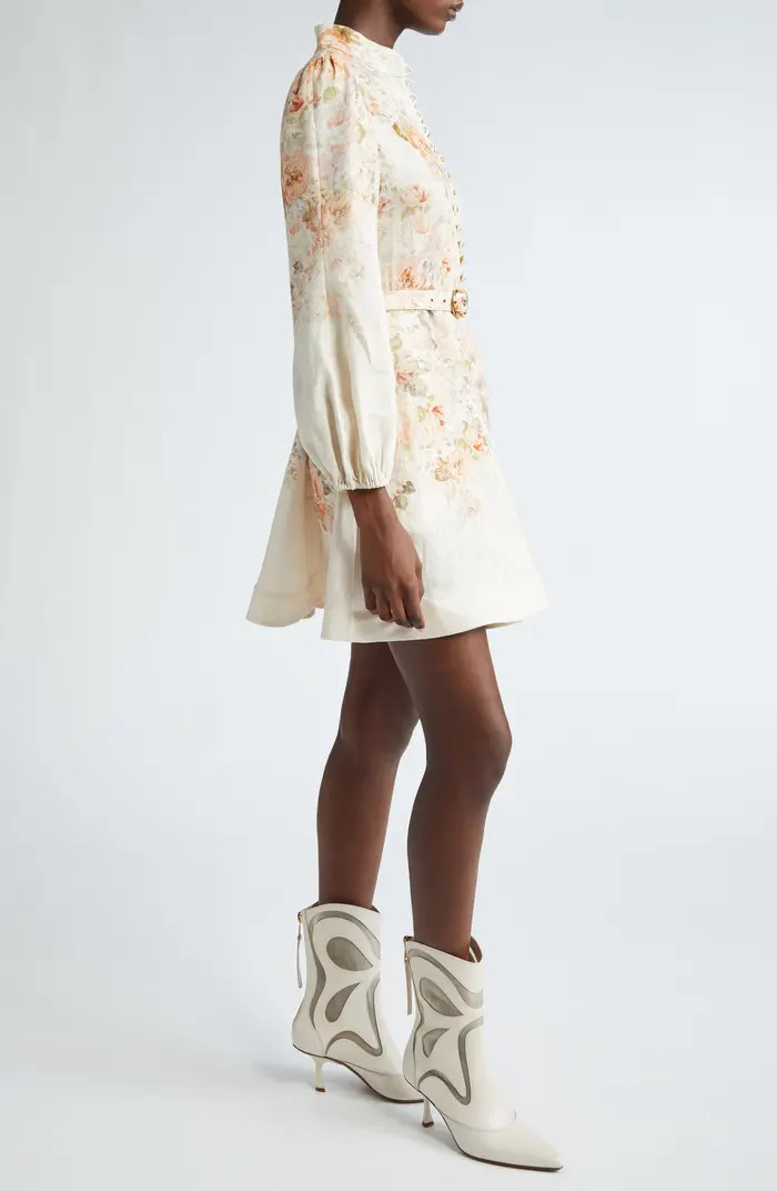 Illustration Floral Long Sleeve Belted Linen Minidress | Nordstrom